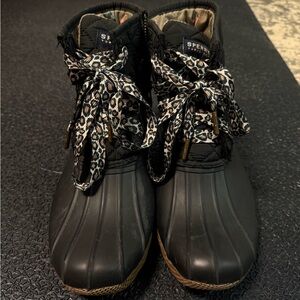 Sperry Black Duck Boots with Leopard-Print Laces